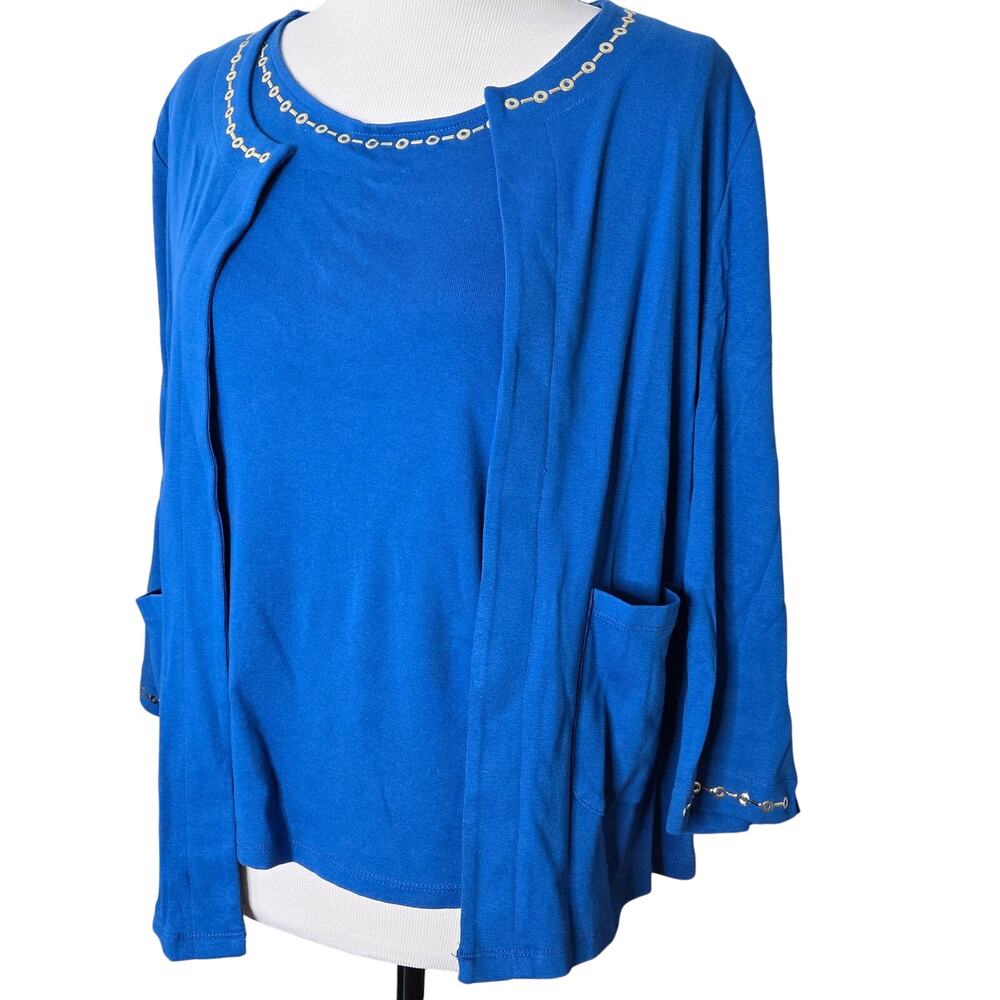Rafaella Twinset 2pc Top Cardigan Blue Silver Neckline Petite L/XL Tank Jacket